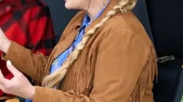 Finding Mr. Christmas 2025 Melissa Peterman Fringe Suede Jacket worn by Self - Judge (Melissa Peterman) in Finding Mr. Christmas (S02)