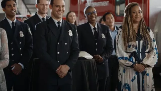 Reiss Daiya Placement Print Maxi Dress worn by Karen Wilson (Tracie Thoms) as seen in 9-1-1 (S09E06)