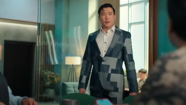 Twisted Tailor Suit Jacket in Denim Patch worn by Nicholas (Joel Kim Booster) as seen in Loot (S03E07)