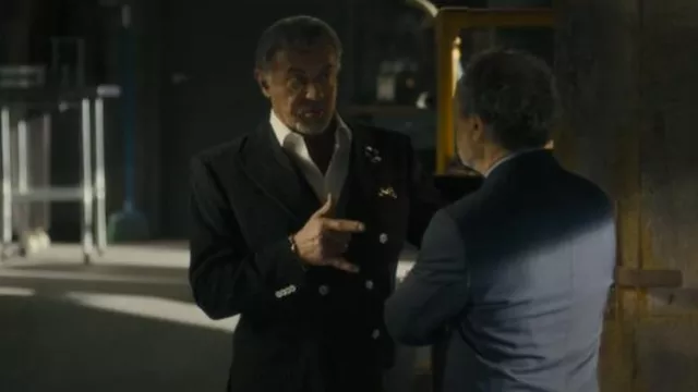 Tiglio Rosso Black Stripe Double Breasted Suit Wide Leg worn by Dwight 'The General' Manfredi (Sylvester Stallone) as seen in Tulsa King (S03E09)