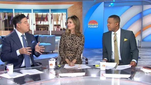 Robe Midi à manches longues imprimée Rereform Port portée par Savannah Guthrie, telle que vue dans Today le 18 novembre 2025
