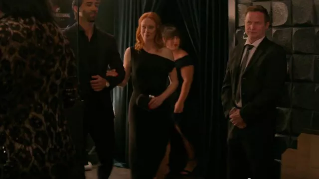 Anna Quan Satin Draped Maxi Dress in Black worn by Phyllis Diaz (Fiona Vroom) as seen in Murder in a Small Town (S02E07)