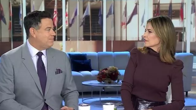 Haut à col roulé à manches bouffantes en cèdre Veronica Beard porté par Savannah Guthrie, tel que vu dans Today le 19 novembre 2025