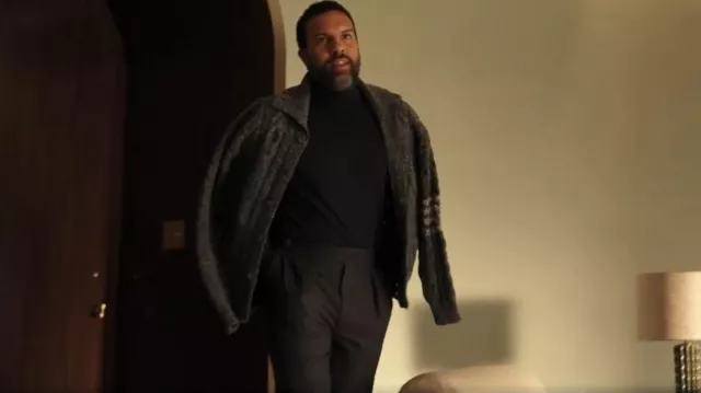 Thom Browne Donegal Cable Cardigan Medium Grey worn by Reggie Ramirez (O-T Fagbenle) as seen in All's Fair (S01E05)