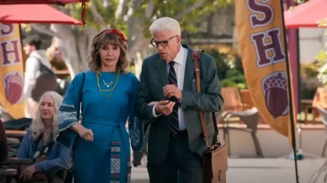 Divine Vintage Blue Hand Embroidered Guatemalan Caftan worn by Mona Margadoff (Mary Steenburgen) as seen in A Man on the Inside (S02E04)