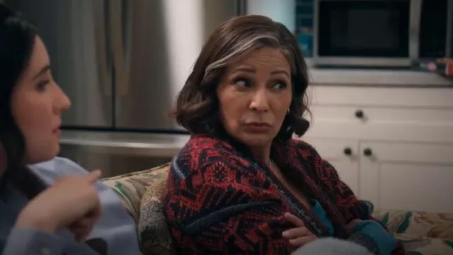 Cotton Emporium Cardigan Sweater Aztec Cropped Shawl Knit worn by Vanessa (Constance Marie) as seen in A Man on the Inside (S02E08)