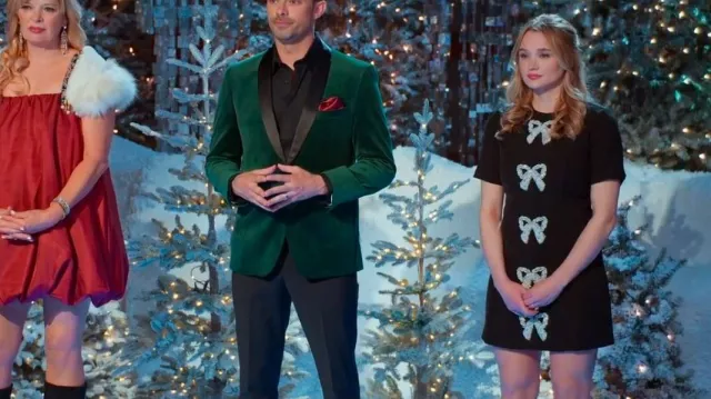 Hyacinth House Beaded Bows Bernadette Mini Dress worn by Hunter King as seen in Finding Mr. Christmas (S02E05)