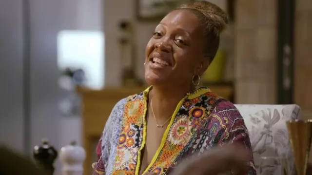 Anandas Collection Yellow Floral Patchwork Bell Sleeve Peasant Tunic Dress Bohemian worn by Selena Martin as seen in Tiffany Haddish Goes Off (S01E02)