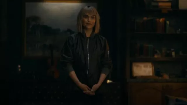 Sacai Khaki Quilted Satin Bomber Jacket worn by Dr. Ingrid Derian (Eve Harlow) as seen in Watson (S02E07)