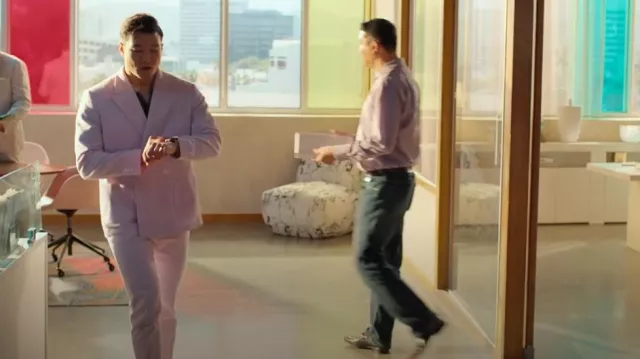 Topman Slim Suit Pants in Lilac Crepe worn by Nicholas (Joel Kim Booster) as seen in Loot (S03E09)