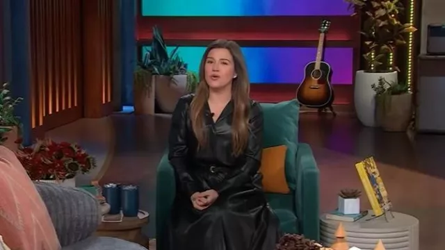 Donna Karan Faux-Leather Belted Midi-Dress worn by Kelly Clarkson as seen in The Kelly Clarkson Show on December 4, 2025