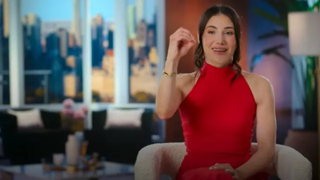 Chiara Boni La Petite Robe Red Ruffle Halter Dress worn by Chloe Tucker Caine as seen in Owning Manhattan (S02E01)