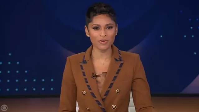 Veronica Beard Miller Striped-Trim Dickey Jacket worn by Jericka Duncan as seen in CBS Evening News on November 3, 2025
