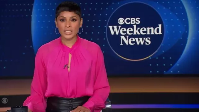 Elie Tahari The Valentine Silk Blend Blouse worn by Jericka Duncan as seen in CBS Evening News on November 24, 2025