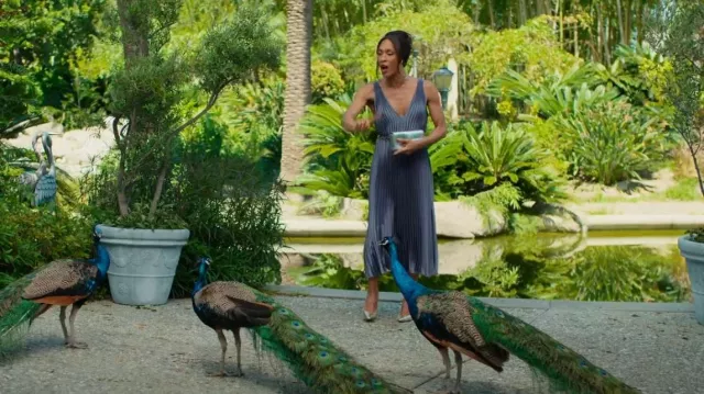 Robe midi plissée sans manches de Vince portée à la main par Sofia (Mj Rodriguez) telle que vue dans Loot (S03E10)