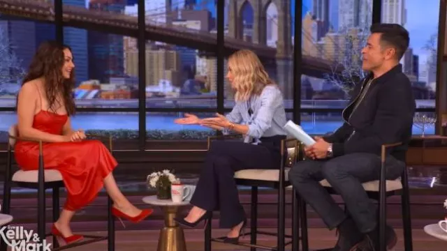 Fore Forte Square-neck Satin Maxi Dress worn by Mila Kunis as seen in LIVE with Kelly and Mark on December 9, 2025