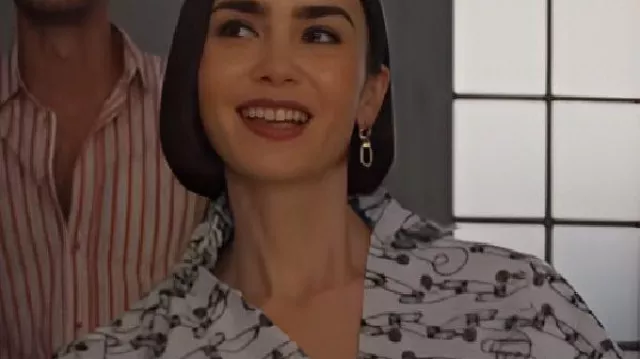 Emily in Paris S05 Lily Collins Safety Pin Print Shirt worn by Emily Cooper (Lily Collins) as seen in Emily in Paris (S05)