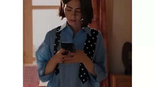 Emily in Paris S05 Lily Collins Shirt With Polka Dot Tie Print worn by Emily Cooper (Lily Collins) as seen in Emily in Paris (S05)