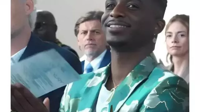 Emily In Paris S5 Samuel Arnold Green AfroCamo Jacket worn by Julien (Samuel Arnold) in Emily in Paris (S05)