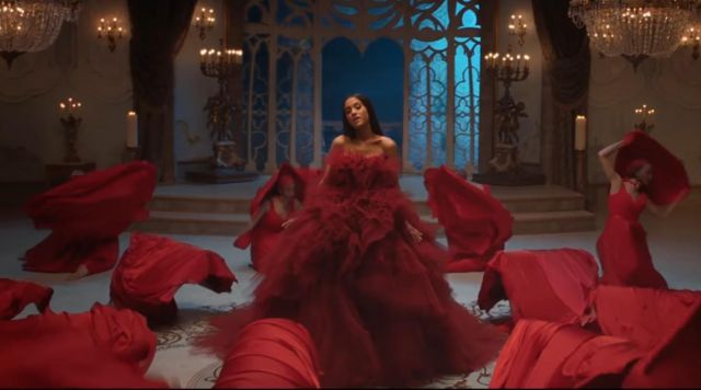the dress Ariana Grande in the music video for "Beauty and the Beast"