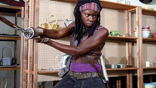 The studded belt of Michonne (Danai Gurira) in The Walking Dead season 3