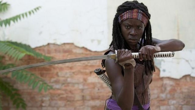 The jacket without handle brown leather Michonne (Danai Gurira) in The Walking Dead