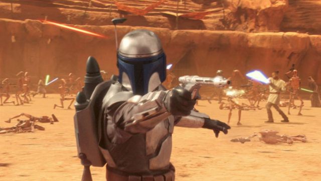 The gun Jango Fett in Star Wars II : attack of The clones