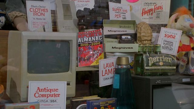 The Macintosh computer of 1984 in the window of antiques from Back to the future 2