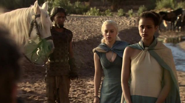 The white dress and blue cape of Missandei (Nathalie Emmanuel) in Game of Thrones S03