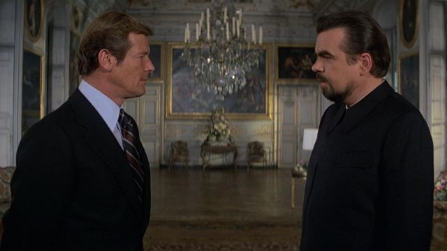 The Château de Guermantes in the Paris region where James Bond (Roger Moore) and Sir Hugo Drax (Michael Lonsdale) meet in the film Moonraker