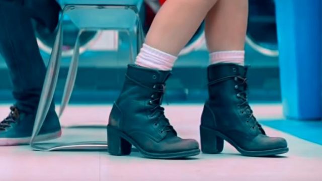 Black leather combat boots worn by Deborah (Lily James) in Baby Driver