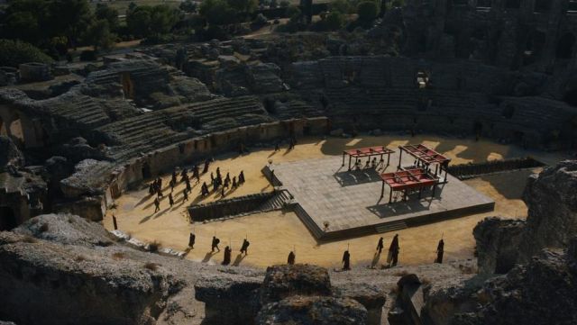 The ruins of the amphitheatre of Italica in Andalucia in Game of Thrones S07E07