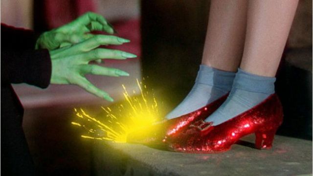 The red shoes at the heel of Dorothy (Judy Garland) in The Wizard of oz