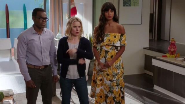The long dress with yellow flowers, ASOS of Ms. Al-Jamil (Jameela Jamil) in The Good Place S02E03