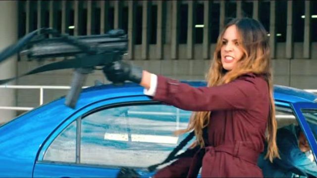 Trench coat worn by Monica / Darling (Eiza Gonzalez) as seen in Baby Driver