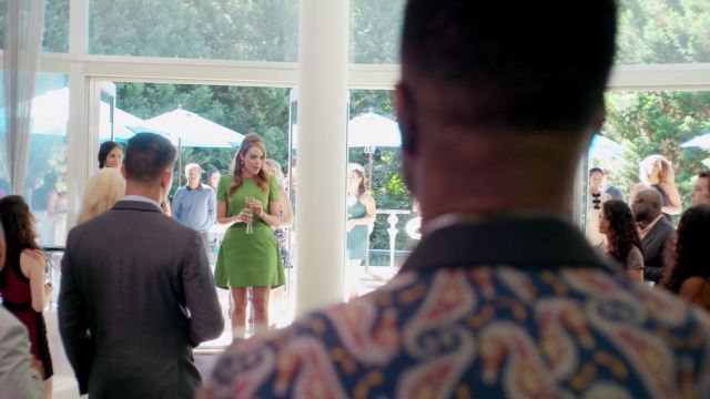 The short green dress by Alexander McQueen worn by Fallon Carrington (Elizabeth Gillies) in Dynasty 1x06