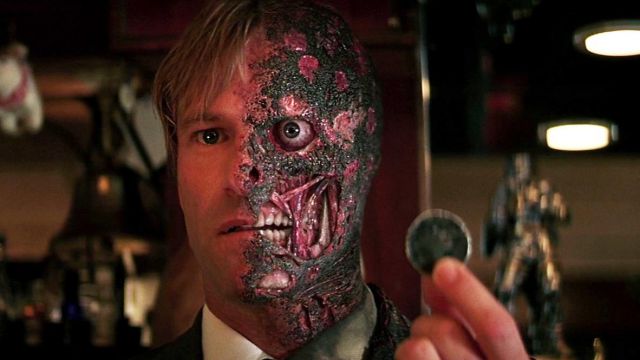 The coin of two Face Harvey Dent Aaron Eckhart in The Dark