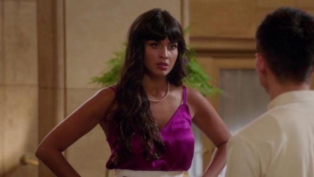 The top pink satin fuschia Vince of Ms. Al-Jamil (Jameela Jamil) in The Good Place (Season 2 - Episode 4)