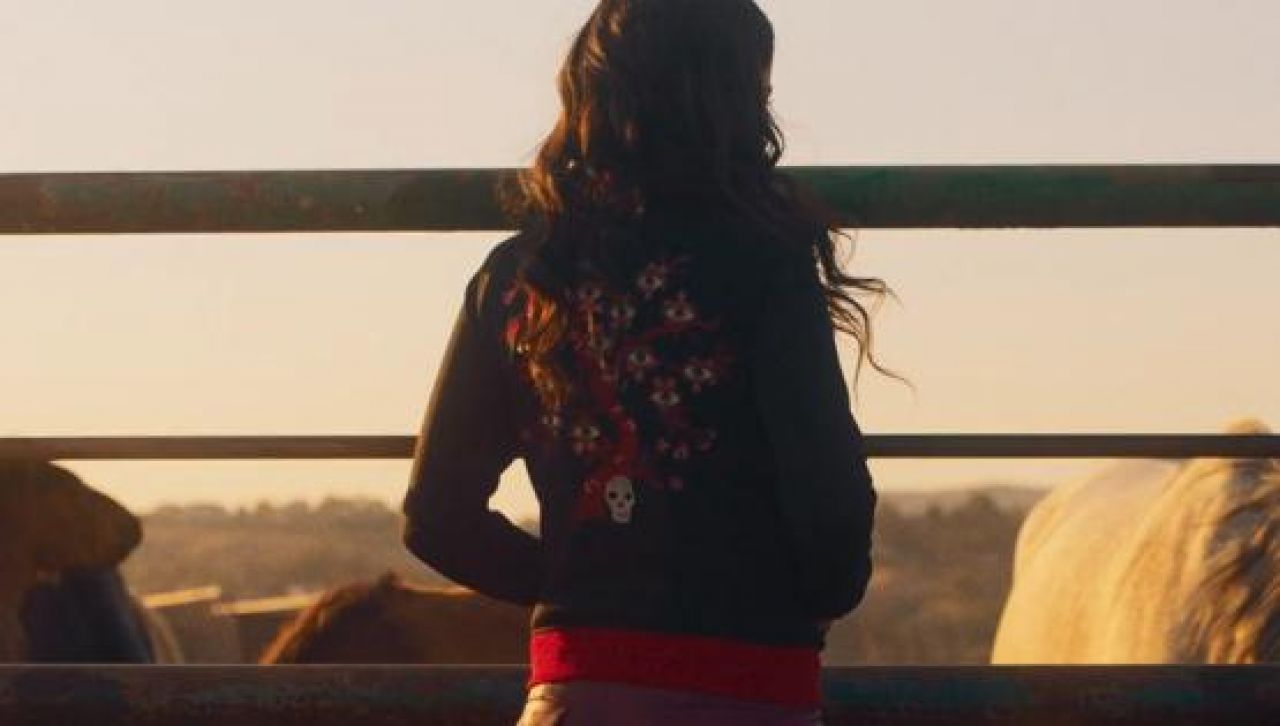Dark and red bomber jacket worn by Yaritza (Cristina Rodlo) as seen in