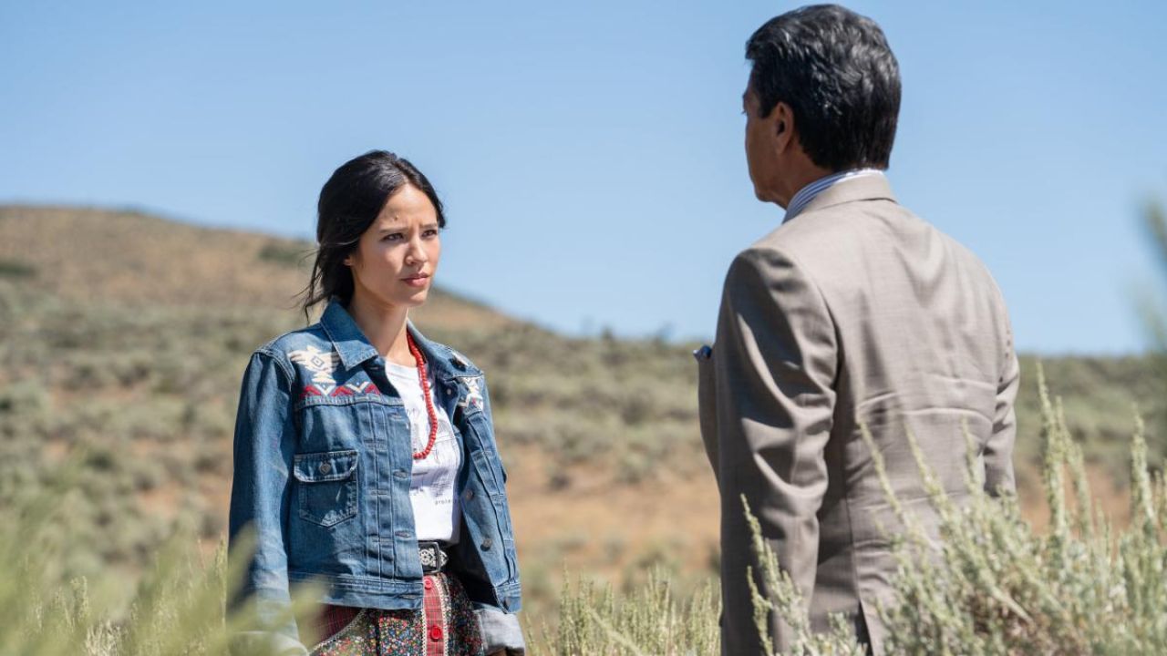 Etnic Printed Denim Jacket Worn By Monica Dutton Kelsey Chow As Seen In Yellowstone Tv Show 2589