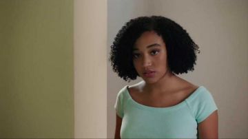 Light turquoise long sleeved cropped sweater worn by Maddy Whittier (Amandla Stenberg) as seen in Everything, Everything