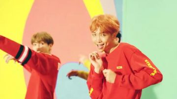 The sweatshirt is red in the clip DNA of BTS