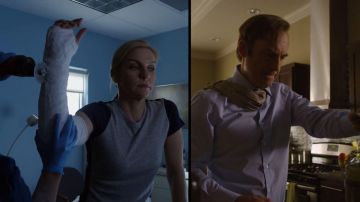 Two-tone shirt (gray/navy) worn by Kim Wexler (Rhea Seehorn) as seen in Better Call Saul S04E07