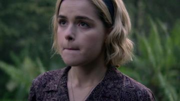 Purple Paisley Short Sleeve Button Up worn by Sabrina Spellman (Kiernan Shipka) as seen in Chilling Adventures of Sabrina S01E03