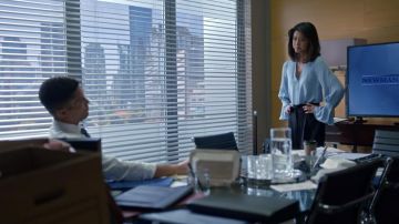 Blue blouse worn by Katherine Kim (Grace Park) as seen in A Million Little Things S01E08