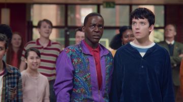 The violet jacket worn by Eric (Ncuti Gatwa) in Sex Education S01E04