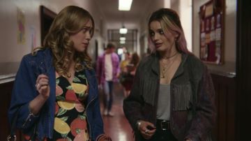 fringe jacket worn by Maeve Wiley (Emma Mackey) as seen in Sex Education S01E06