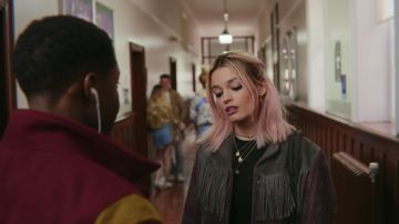 Leather and suede jacket worn by Maeve (Emma Mackey) in Sex Education S01E04