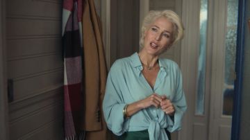 Denim Crop Top Shirt worn by Jean Milburn (Gillian Anderson) as seen in Sex Education S01E02