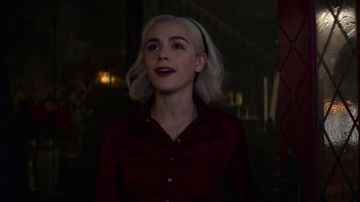 Red Vintage Patterned Silk/Satin Shirt worn by Sabrina Spellman (Kiernan Shipka) as seen in The Chilling Adventures of Sabrina S02E06